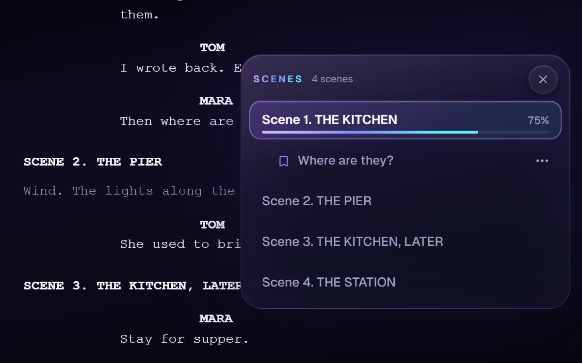 A script in the Script Viewer with Scene Jump open: every scene listed, how far through the first one you are, and a checkpoint under it.