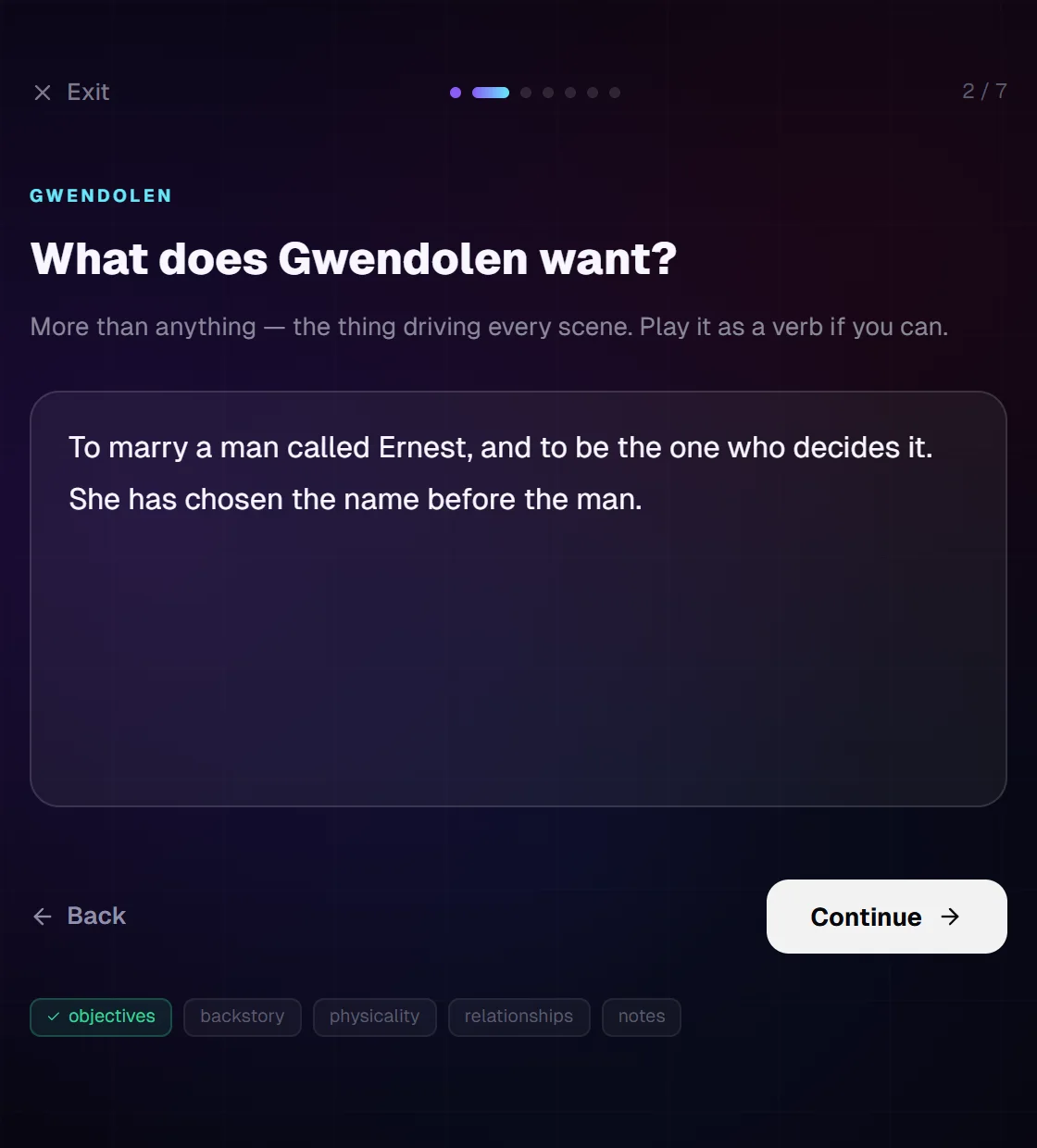 The character builder asking what Gwendolen wants, one question at a time, with the answer written in.