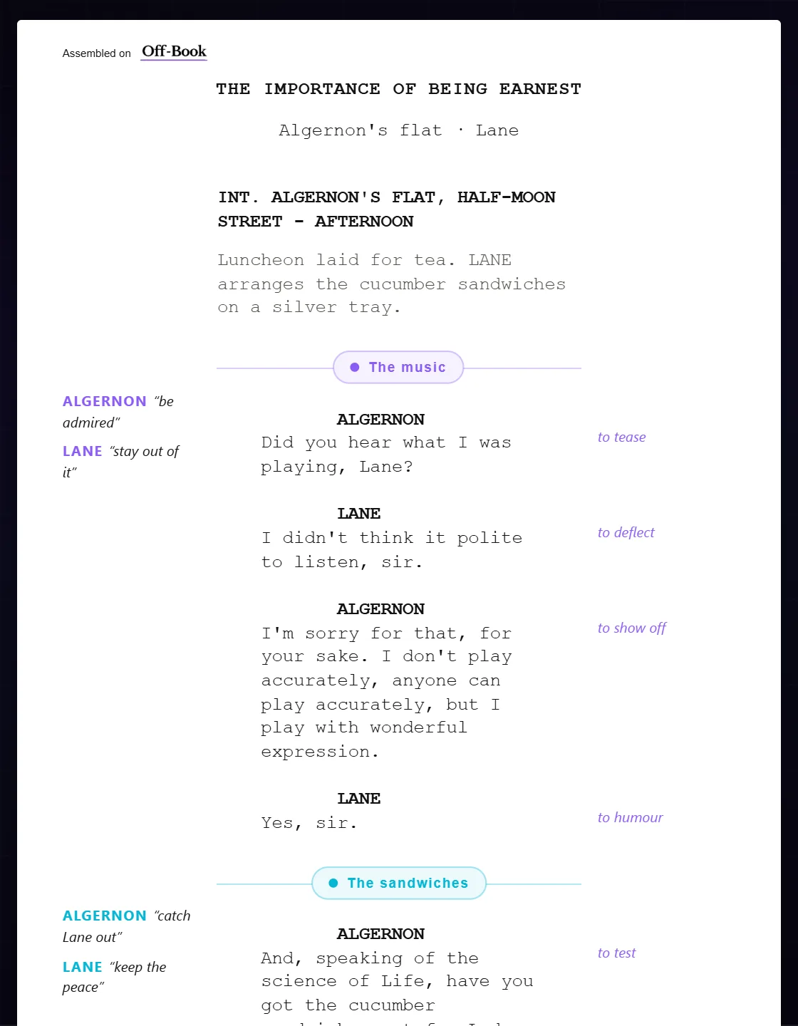 A worked script on paper: units, each character’s objective down one margin and the actions down the other.