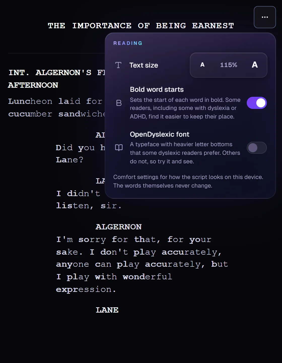 A script in Reading mode with the start of each word in bold, and the More menu open on Text size, Bold word starts and the OpenDyslexic font.