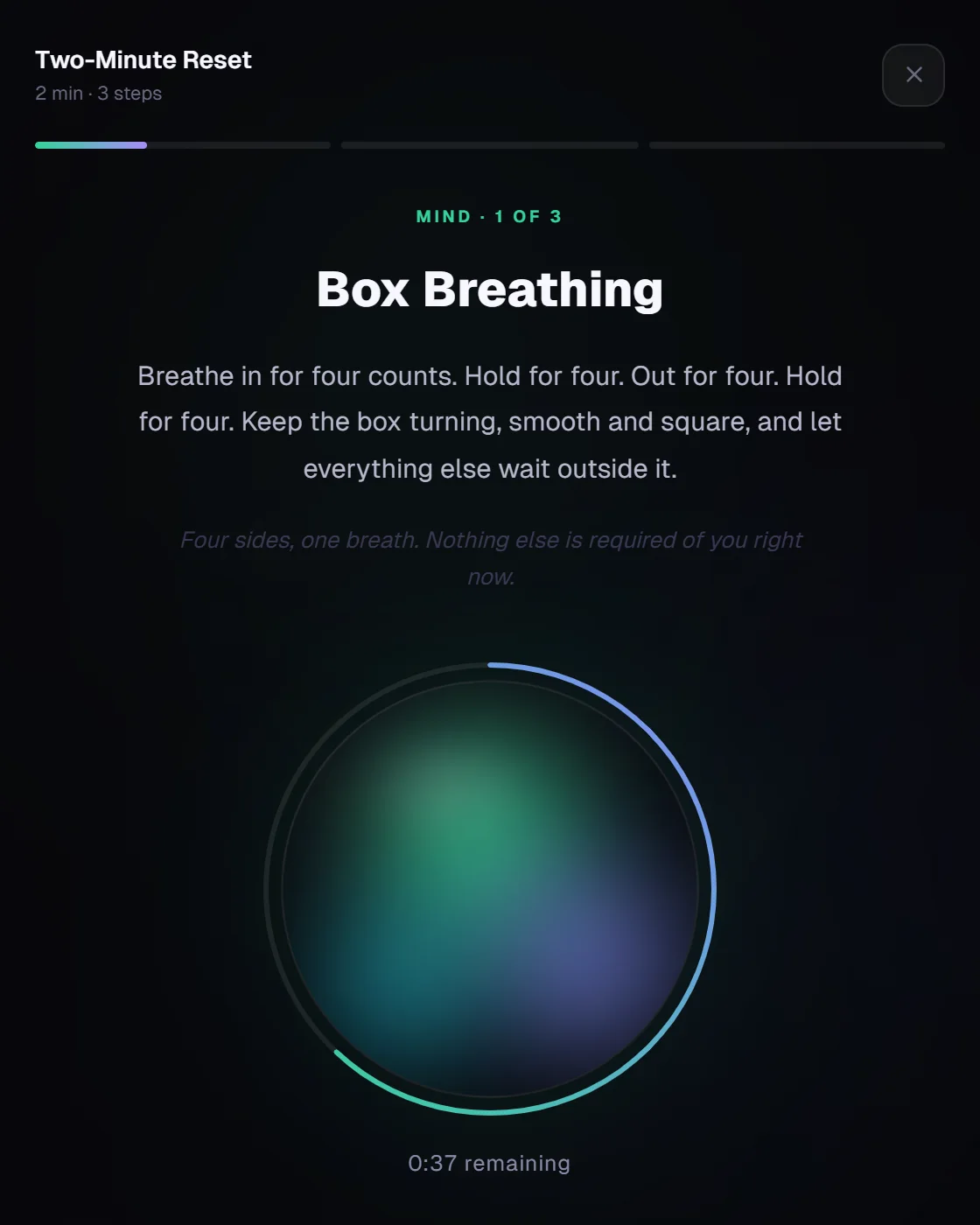 A warm-up playing: Box Breathing, with the breathing sphere, the ring draining and the time left.